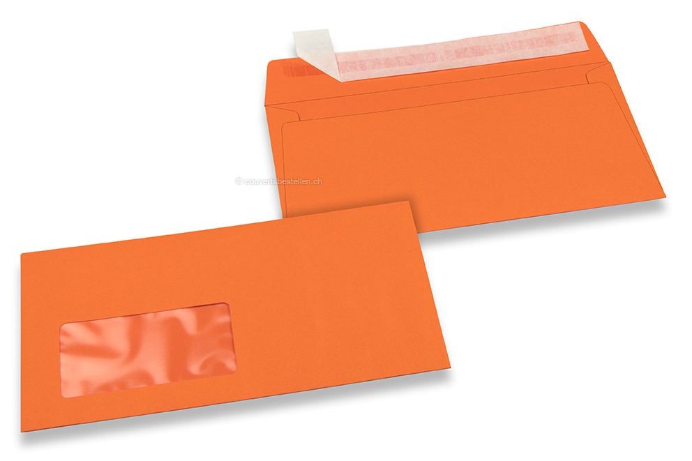 Orange, Fenstercouverts farbig, 110 x 220 mm (DL), Fenster links, Fensterformat 45 x 90 mm, Fensterposition 20 mm von links / 15 mm von unten, Haftklebeverschluss, 120 gr farbiges Papier 