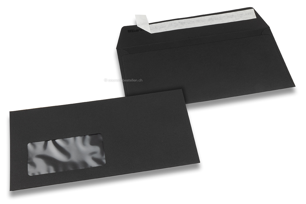 Schwarz, Fenstercouverts farbig, 110 x 220 mm (DL), Fenster links, Fensterformat 45 x 90 mm, Fensterposition 20 mm von links / 15 mm von unten, Haftklebeverschluss, 120 gr farbiges Papier 