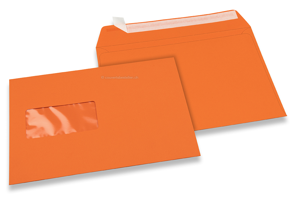 Orange, Fenstercouverts farbig, 162 x 229 mm (A5), Fenster links, Fensterformat 45 x 90 mm, Fensterposition 20 mm von links / 60 mm von unten, Haftklebeverschluss, 120 gr farbiges Papier