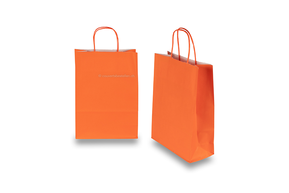 Tragetaschen aus Papier mit gedrehten Papierkordeln - orange, 220 x 100 x 310 mm, 90 Gramm